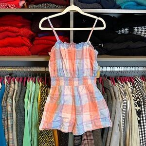 There Abouts blue/coral plaid adjustable strap smocked waistband romper XS NWT